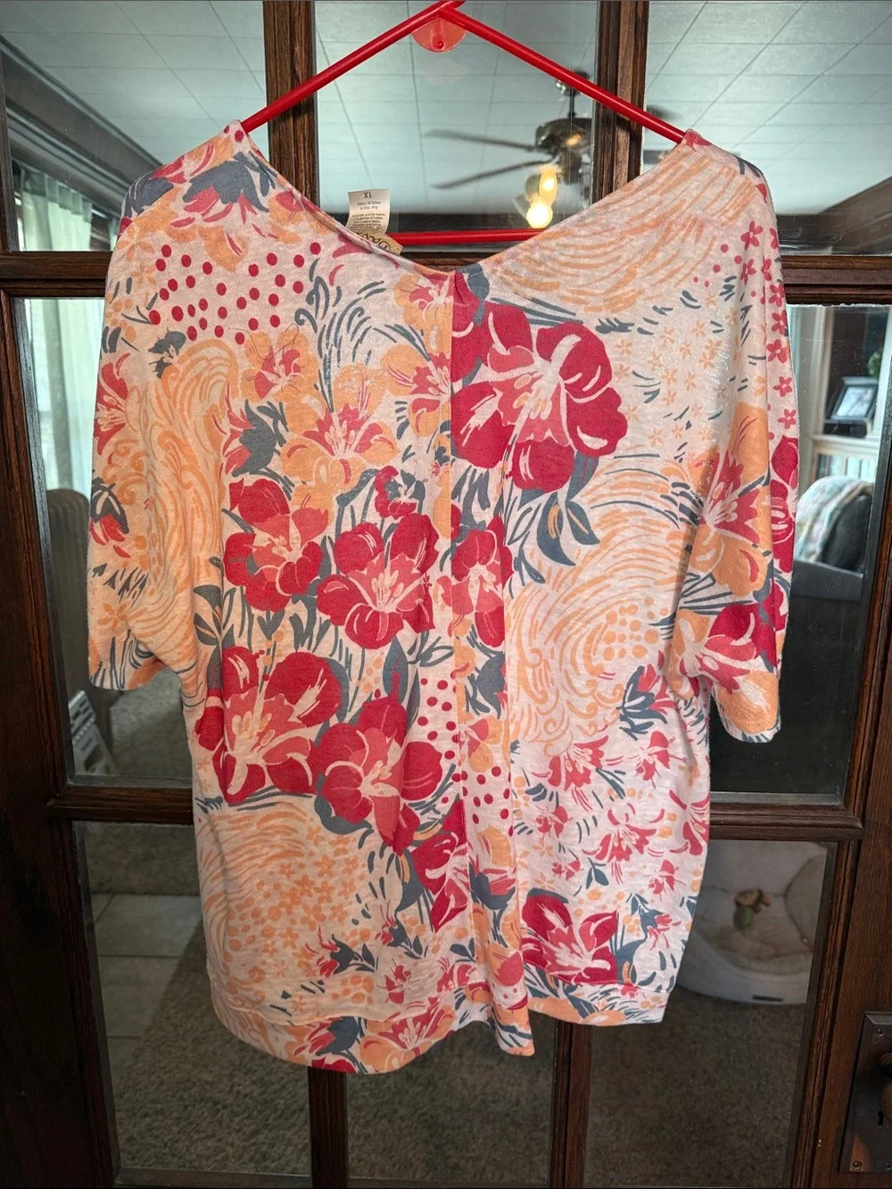 Davina Women 1X Floral V-Neck Short Sleeve Lightweight Knit Tunic Top Multicolor
